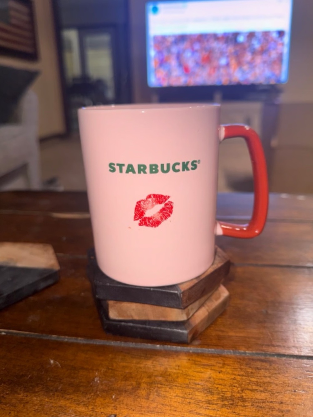 2021 Starbucks Valentine Pink Ceramic Mug with Red Lip Print. Coffee Cup